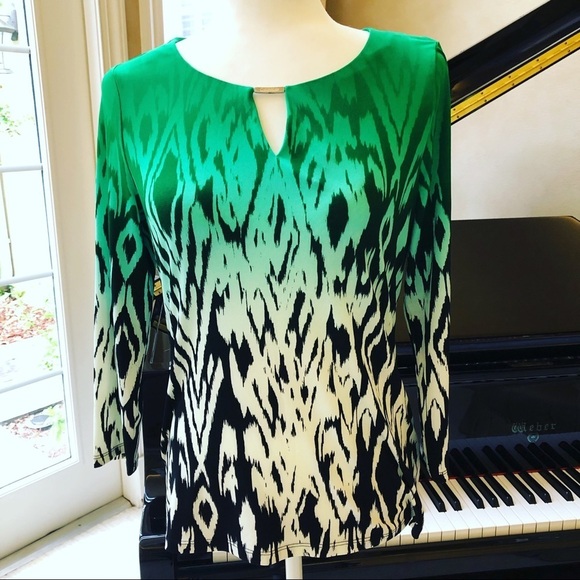 CALVIN KLEIN Green Black Bateau Neck Silky 3/4 sleeve top Women’s size small - Picture 2 of 13